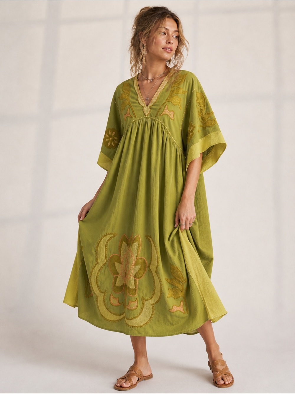 Olive Green Embroidered V-Neck Maxi Dress